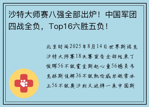 沙特大师赛八强全部出炉！中国军团四战全负，Top16六胜五负！